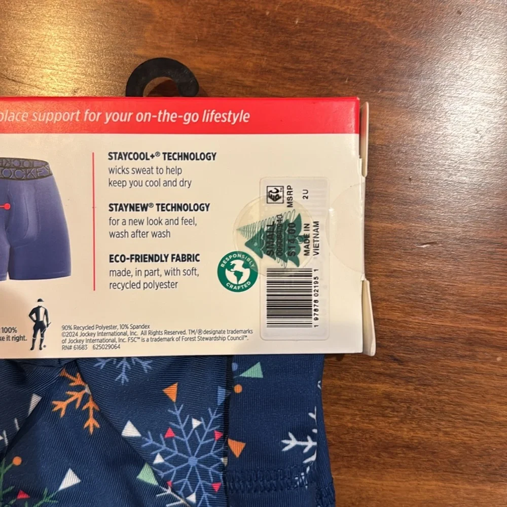 NWT Jockey Active Microfiber Boxer Brief 5” Inseam 1 Pair Small 28-30” Snowflake